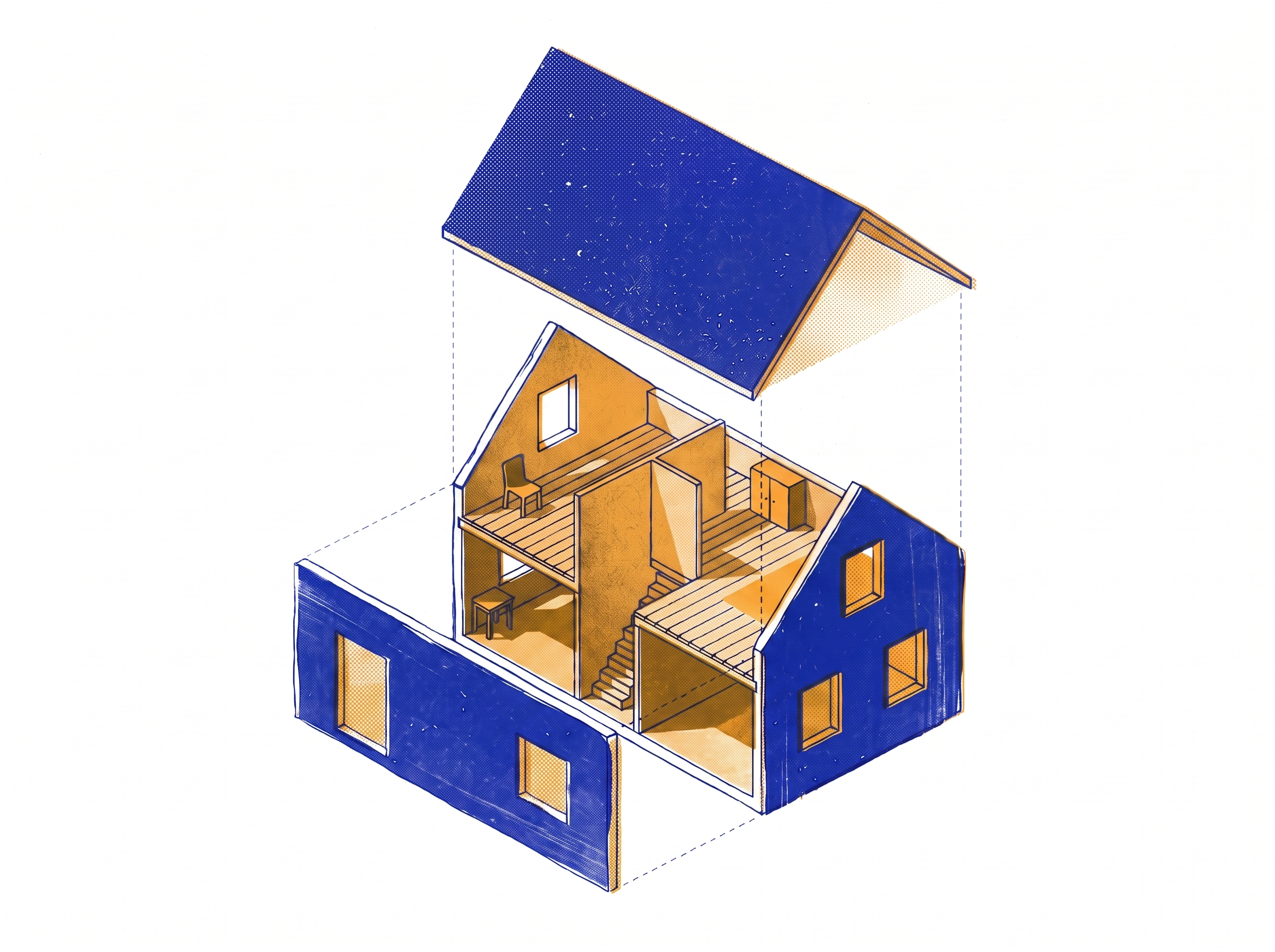 Exploded axonometric illustration of a house: roof lifted away, front wall floated aside, the lit two-storey interior fully visible