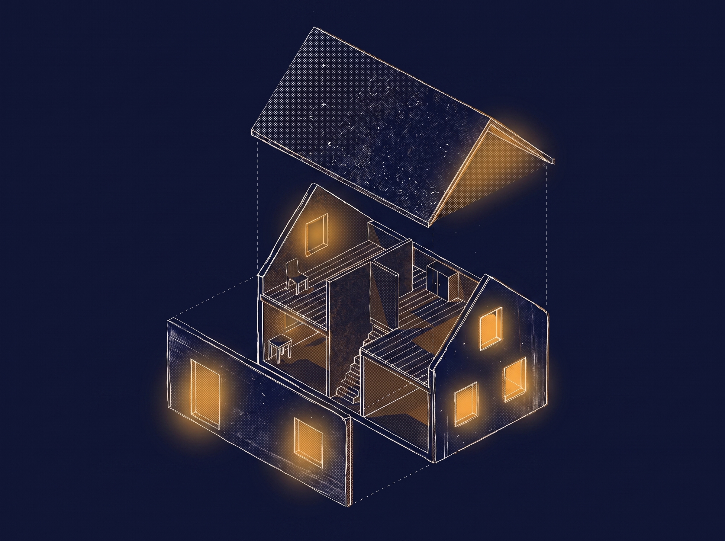 The same exploded house at night — every window glowing warm from inside